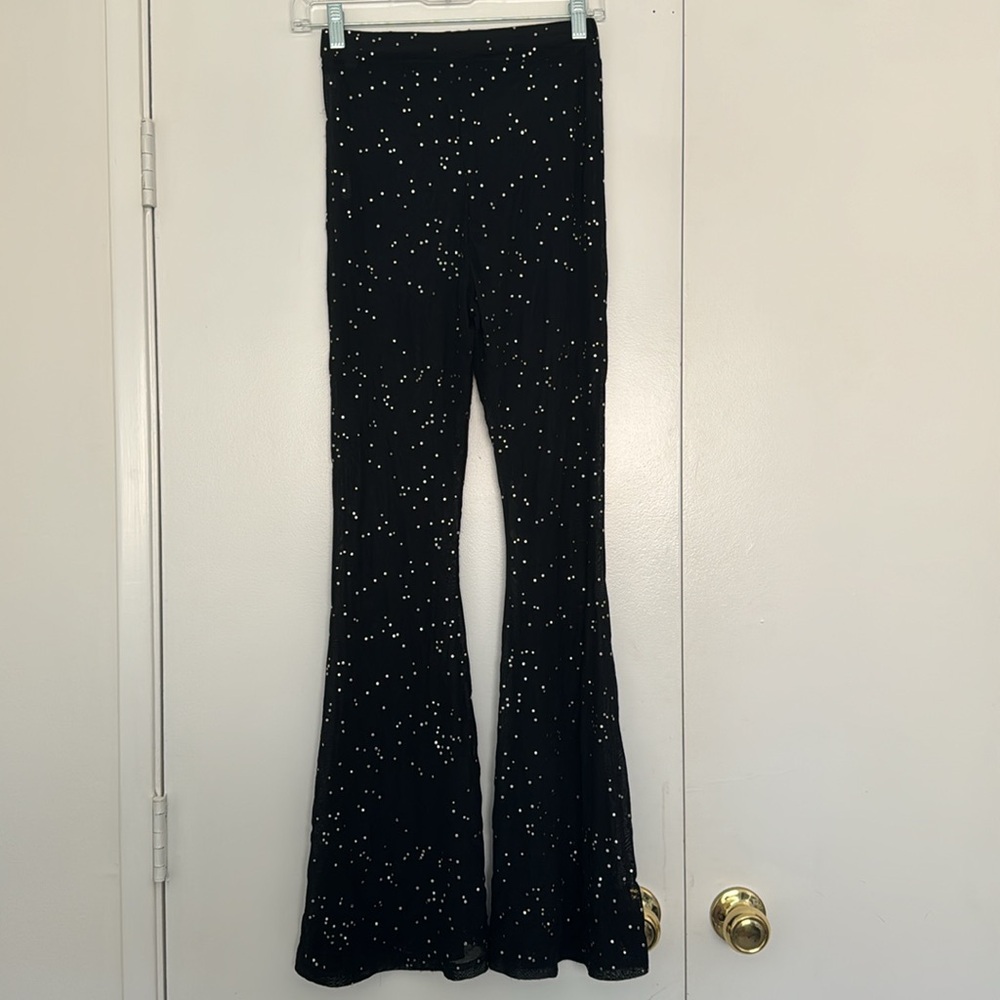 iHeartRaves Black sheer mesh flared pants with silver sparkles size medium